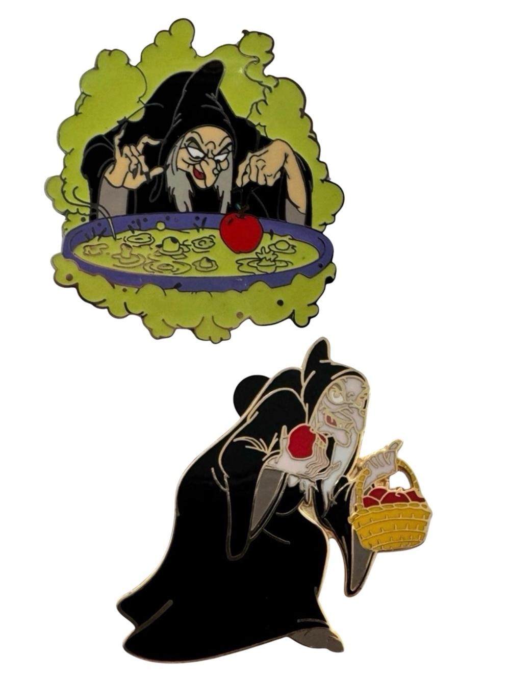 Disney Pins Set of 2 Evil Queen Snow White Old Hag Apple Basket Poison Apple EUC